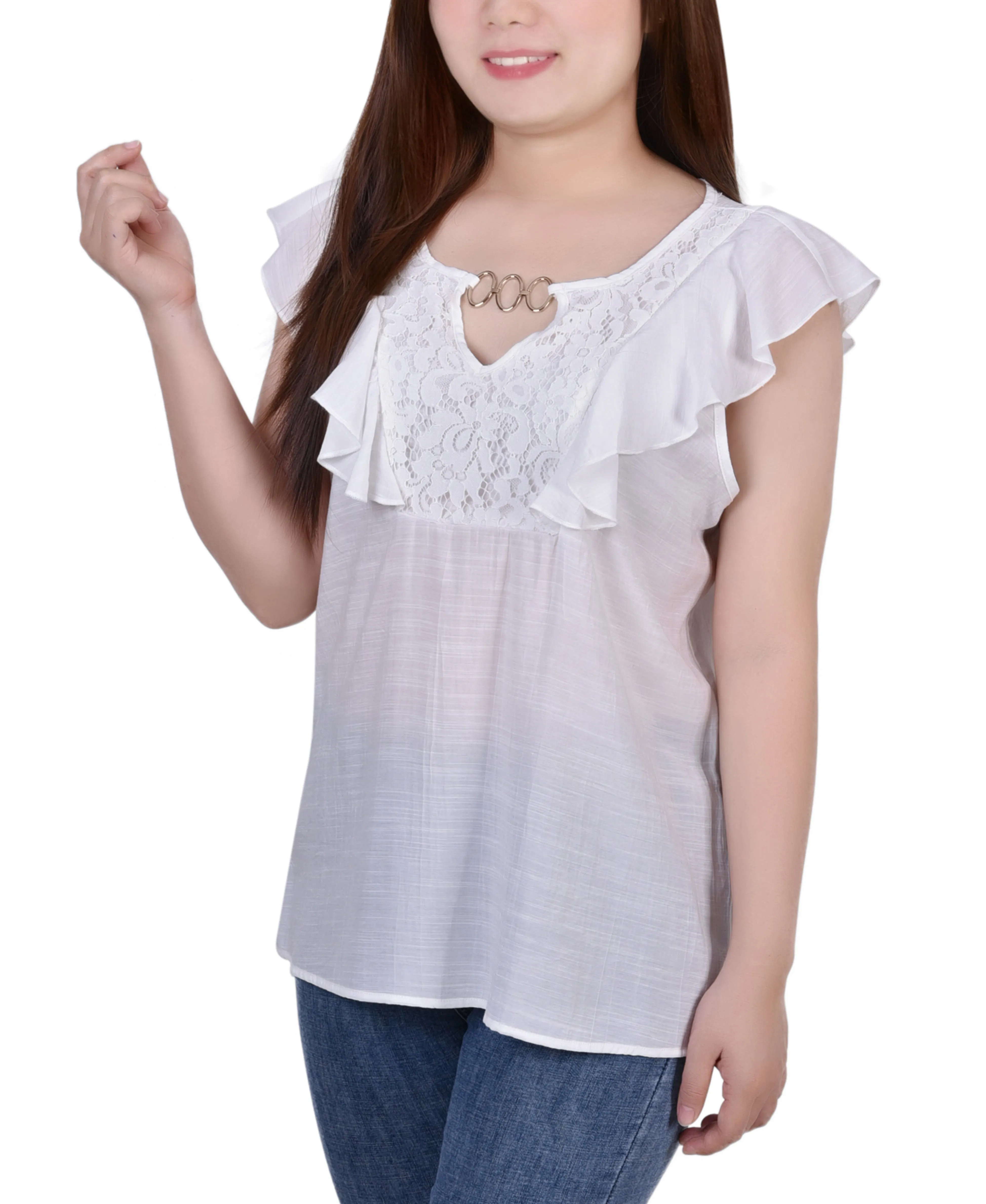 Sleeveless Flutter Yoke Blouse