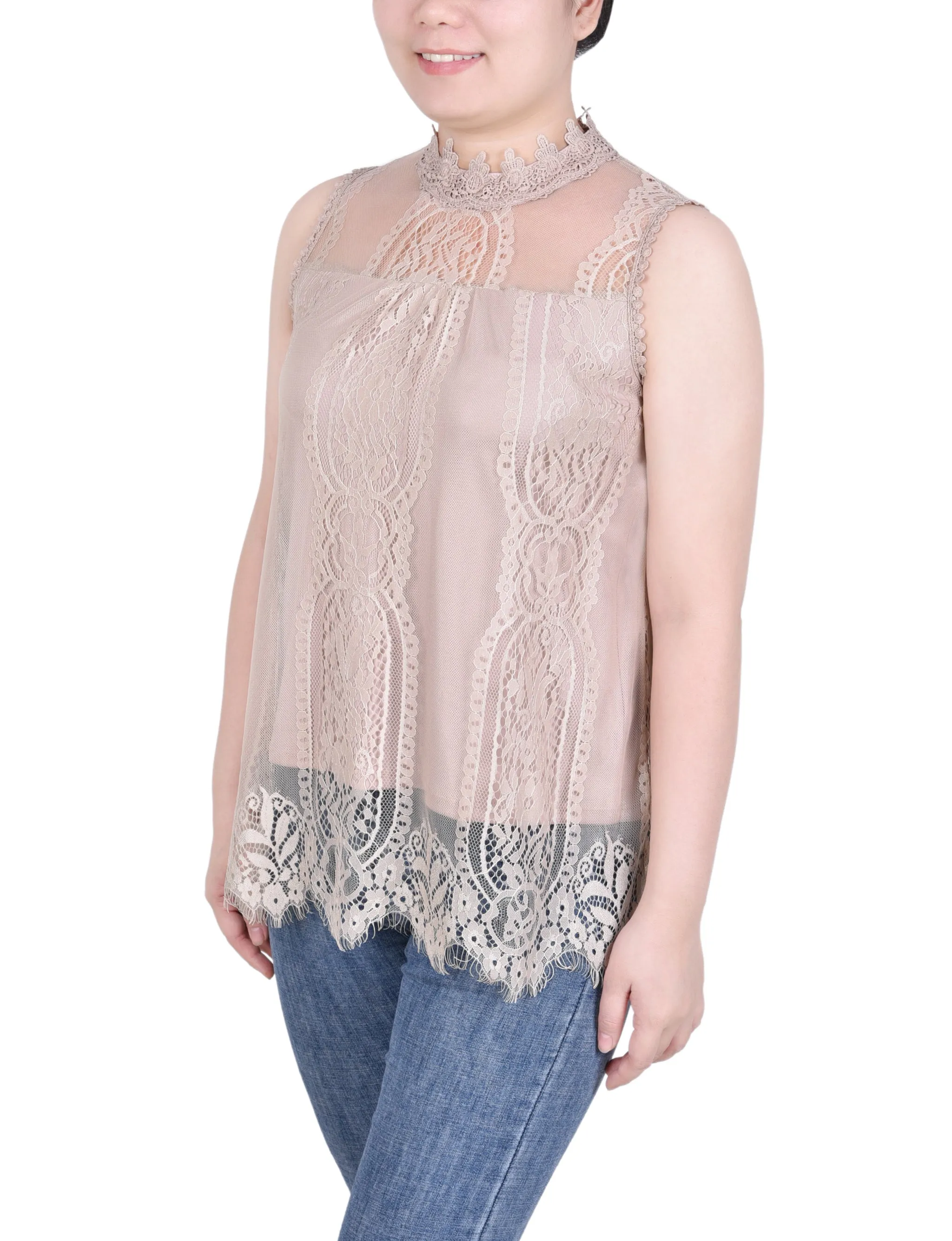 Sleeveless Mock Neck Lace Top