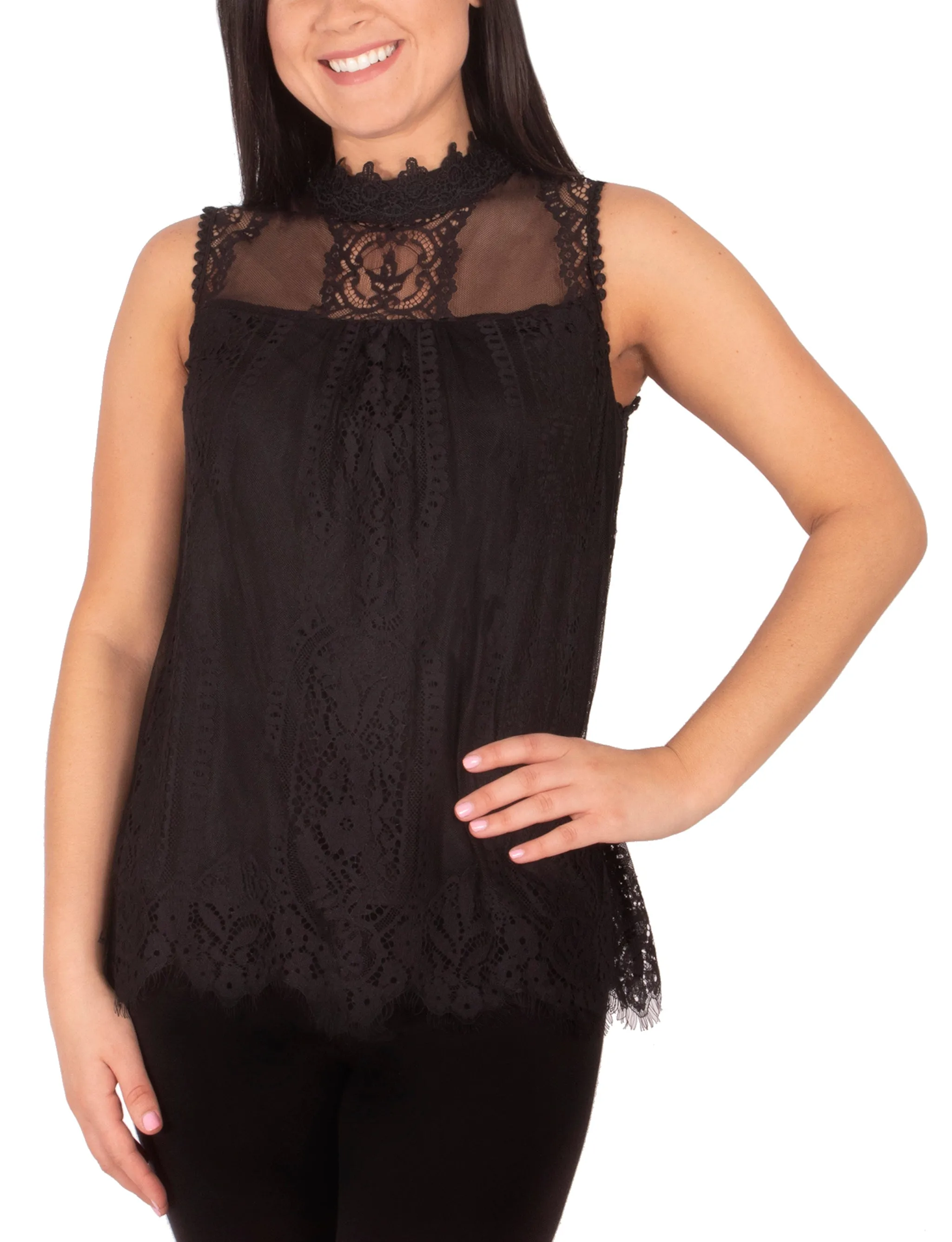 Sleeveless Mock Neck Lace Top