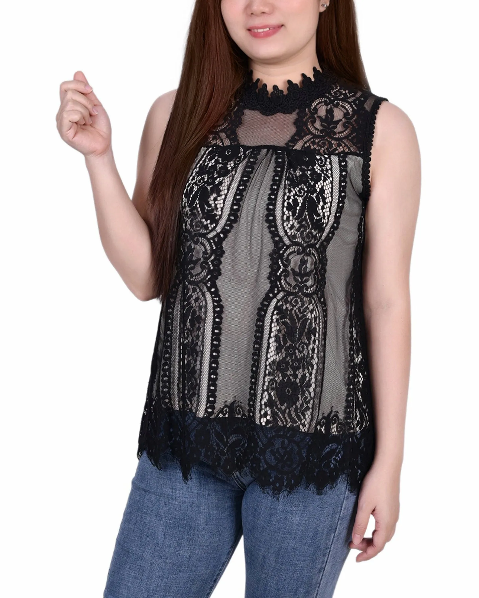 Sleeveless Mock Neck Lace Top
