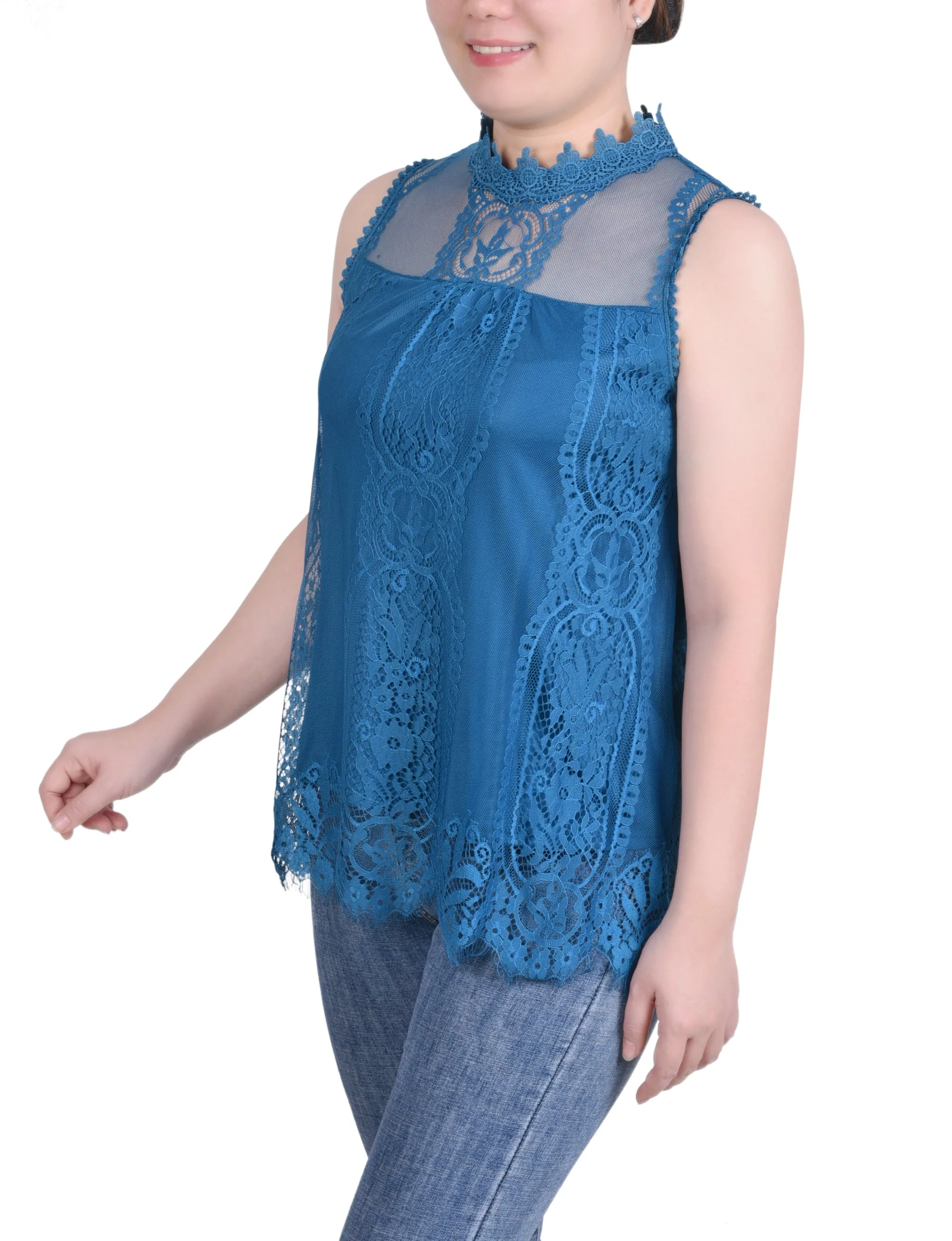 Sleeveless Mock Neck Lace Top