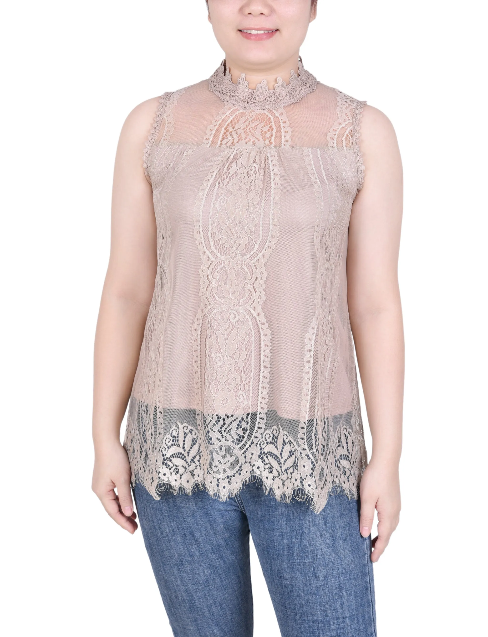 Sleeveless Mock Neck Lace Top