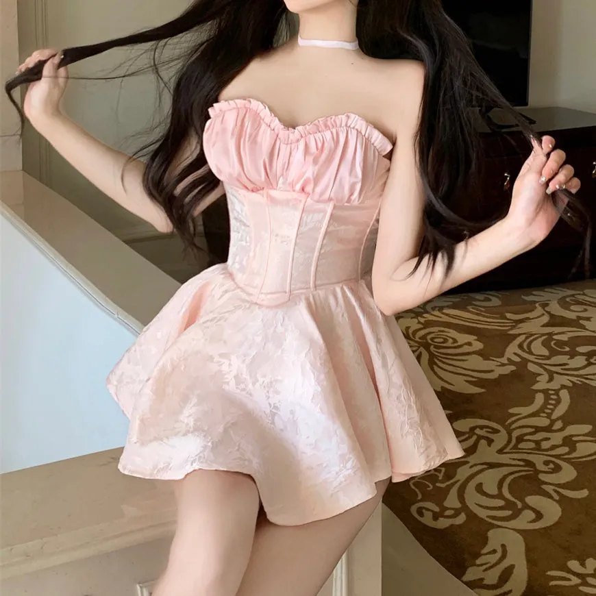 Strapless-Paneled Jacquard High-Waist Pleated Dress