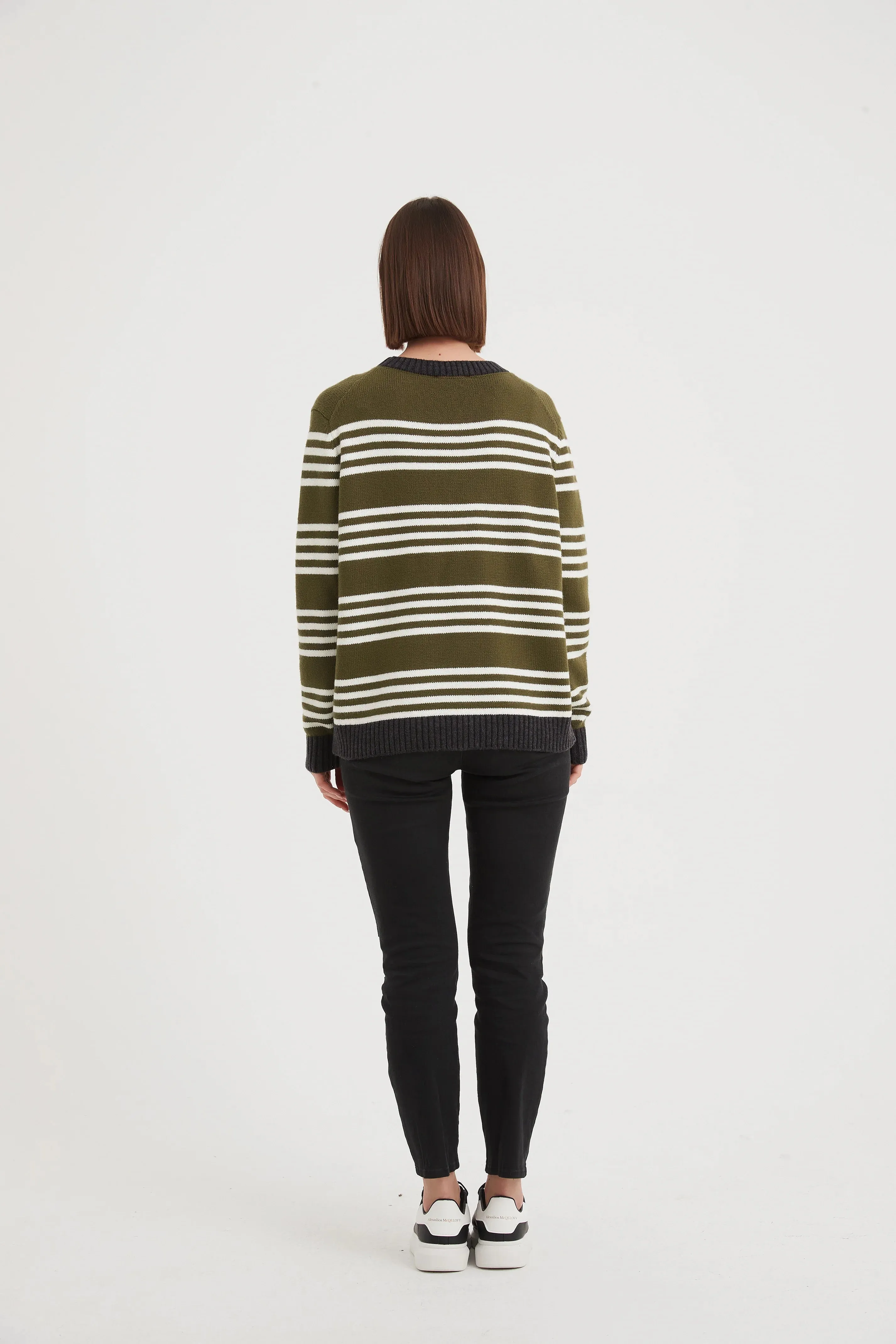 Stripe Contrast Knit - Dark Moss / Ivory