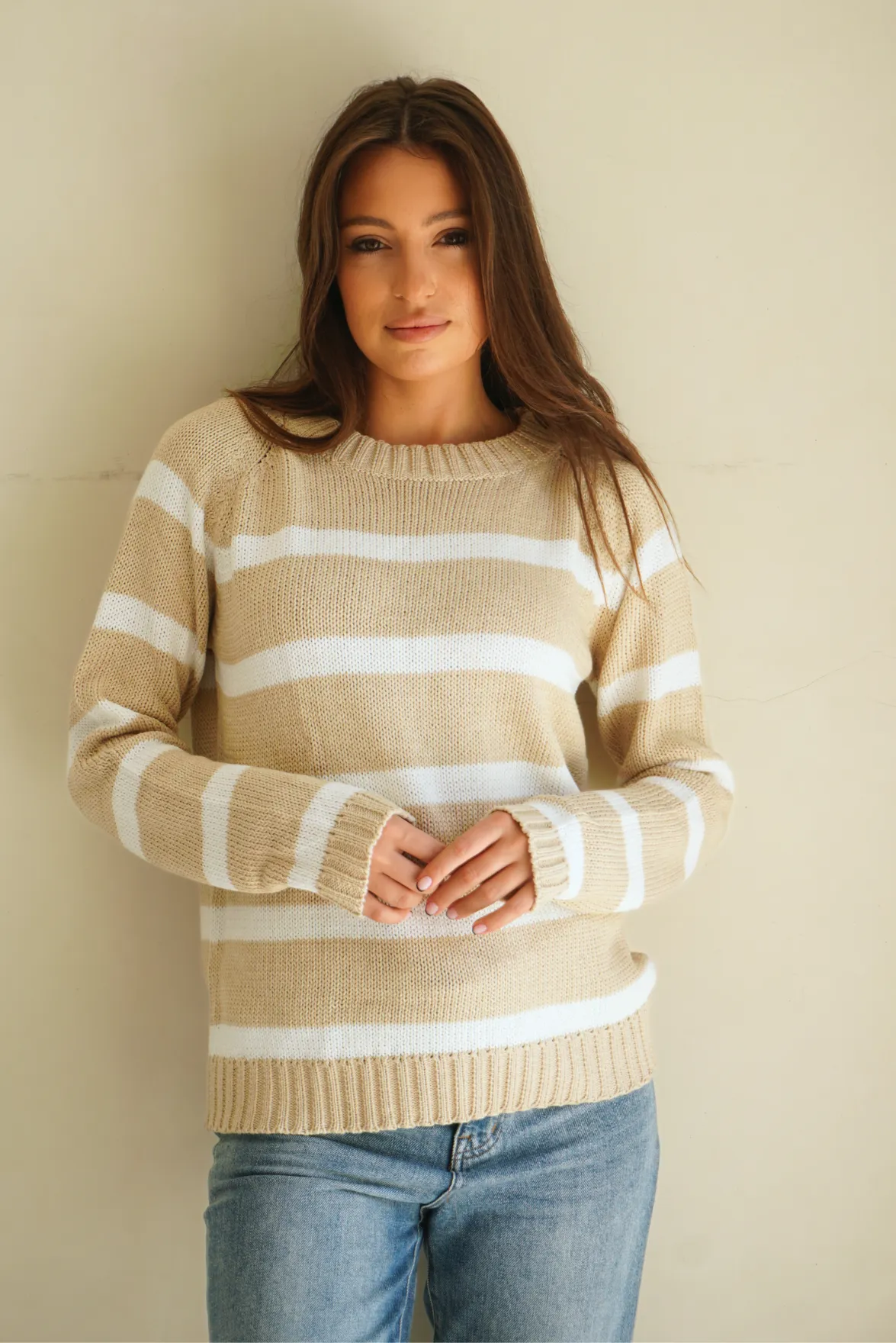 Stripe Sloane Crewneck in Sand Dune
