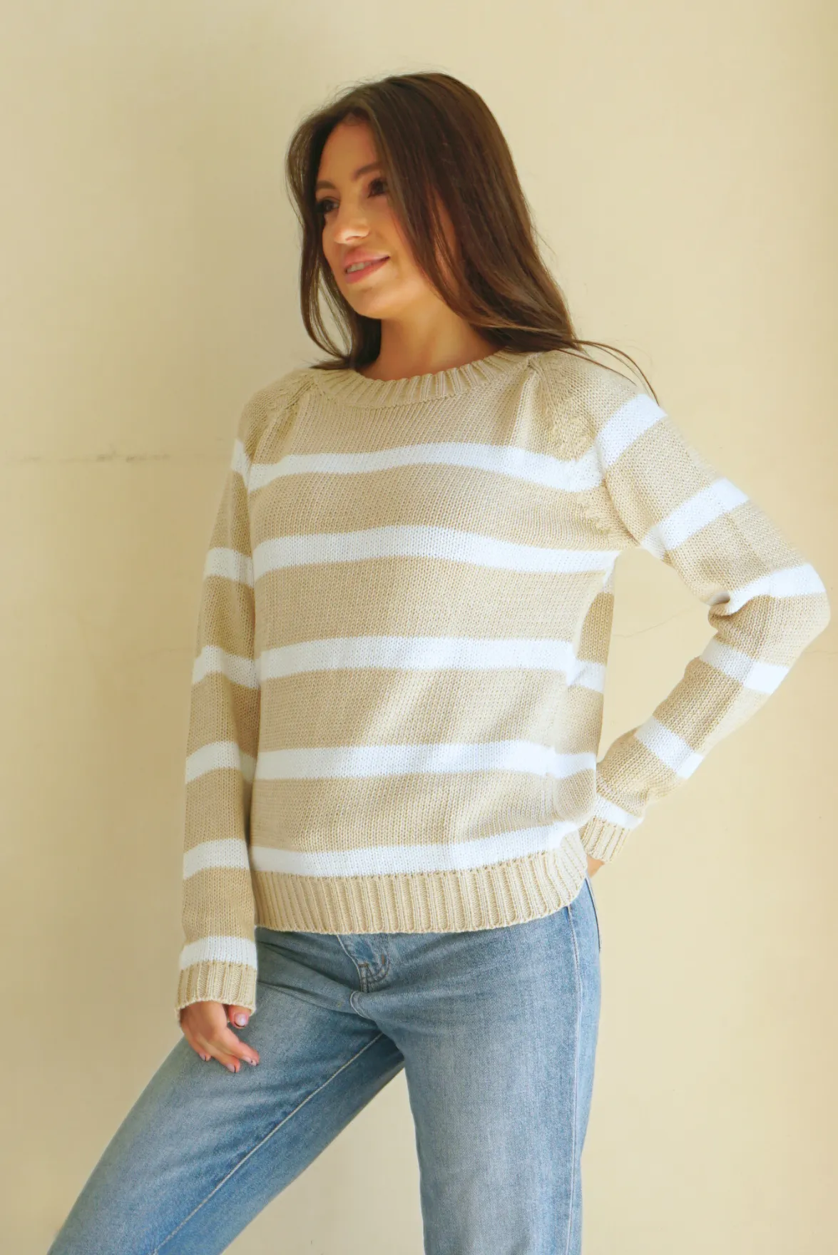 Stripe Sloane Crewneck in Sand Dune