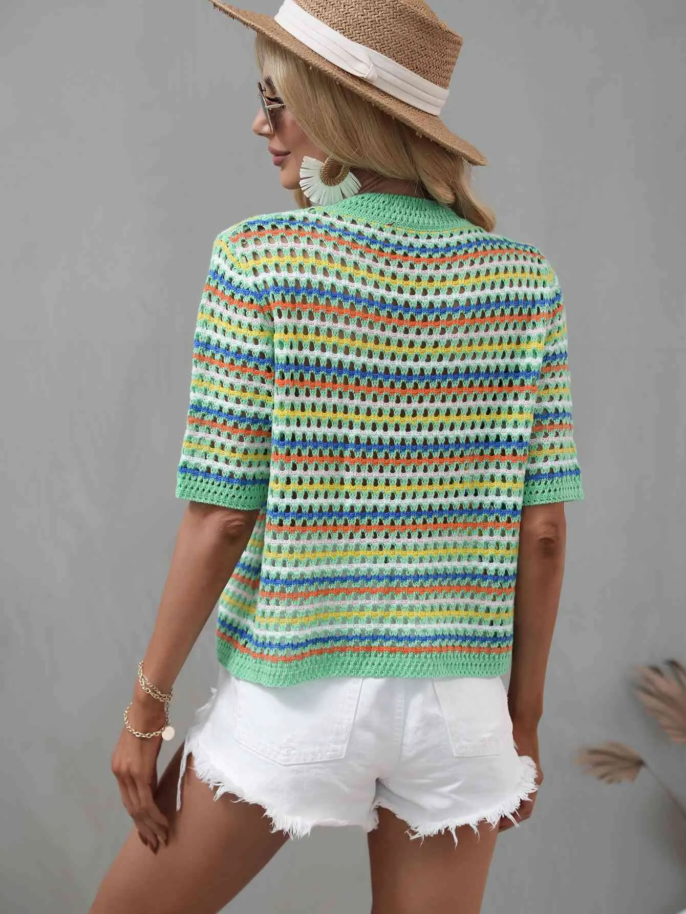 Striped Openwork Half Sleeve Knit Top