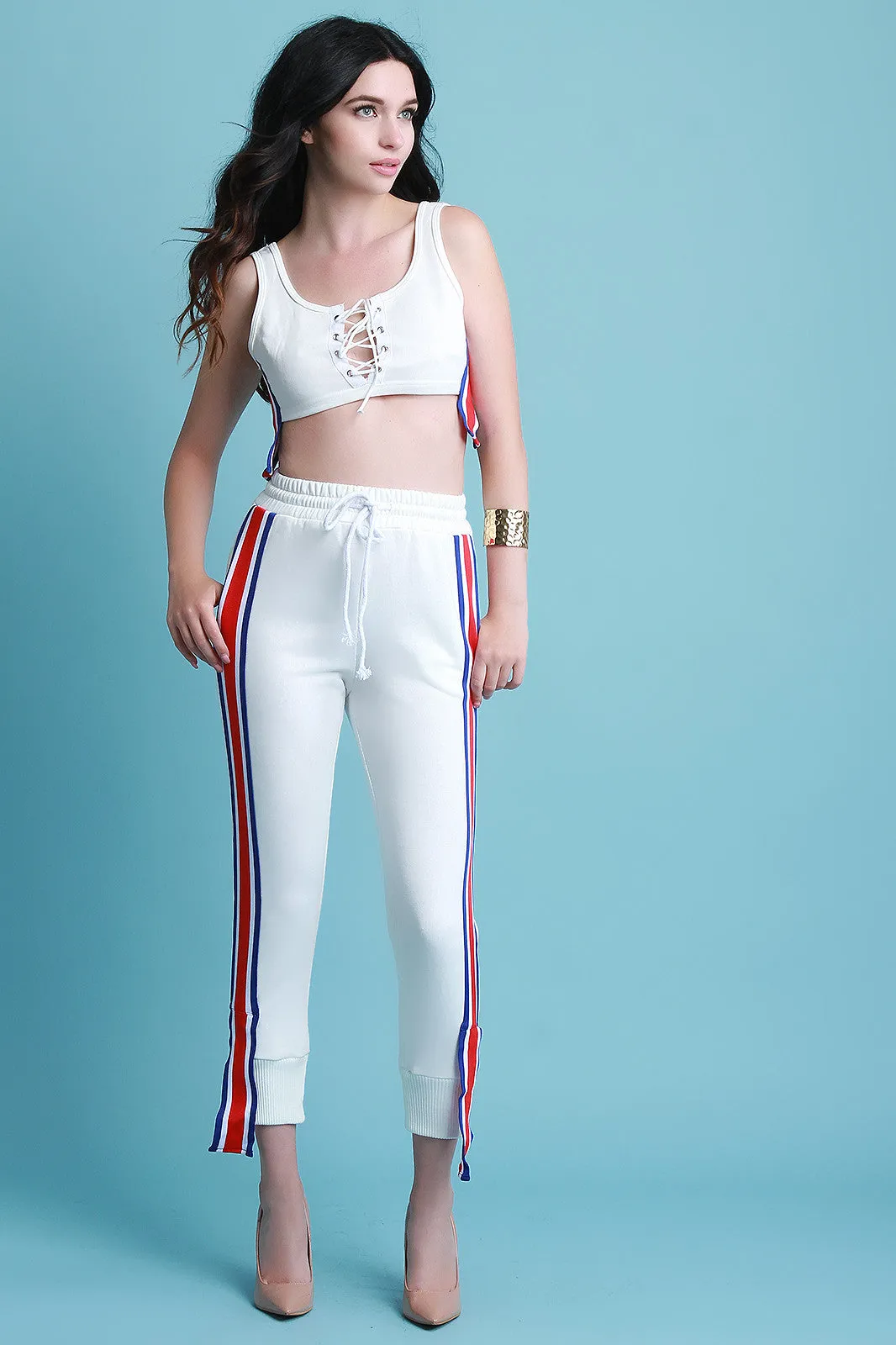 Striped Sides Lace Up Crop Top