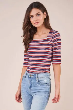 Striped Square Neckline Half Sleeve Rib Knit Top