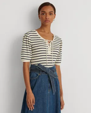 Striped Waffle-Knit Puff-Sleeve Top In Navy/Cream