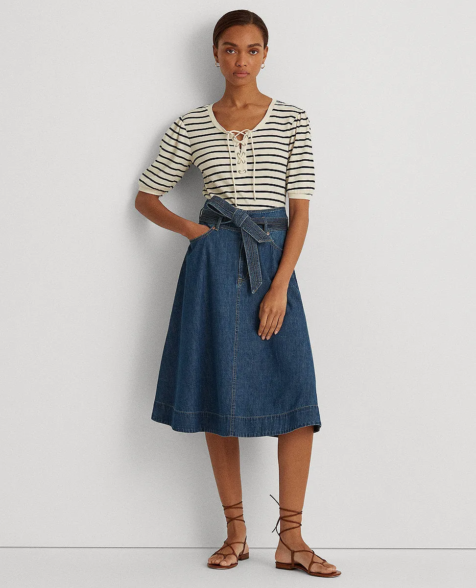 Striped Waffle-Knit Puff-Sleeve Top In Navy/Cream