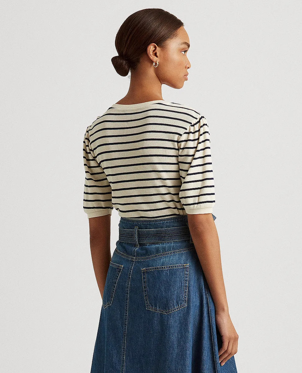 Striped Waffle-Knit Puff-Sleeve Top In Navy/Cream