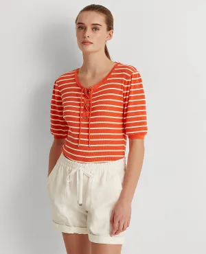 Striped Waffle-Knit Puff-Sleeve Top In Orange/Cream
