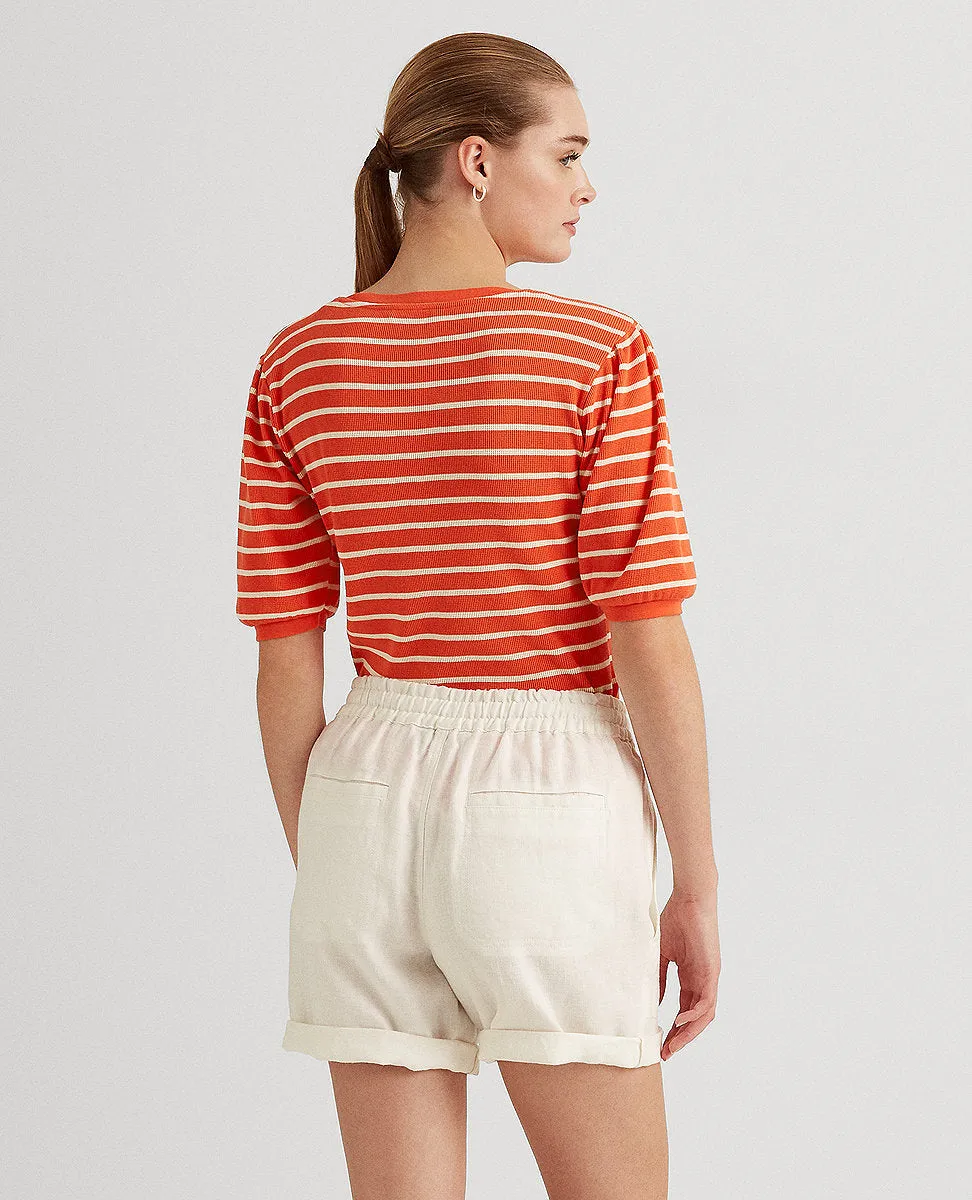Striped Waffle-Knit Puff-Sleeve Top In Orange/Cream