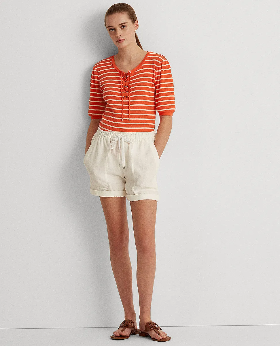 Striped Waffle-Knit Puff-Sleeve Top In Orange/Cream