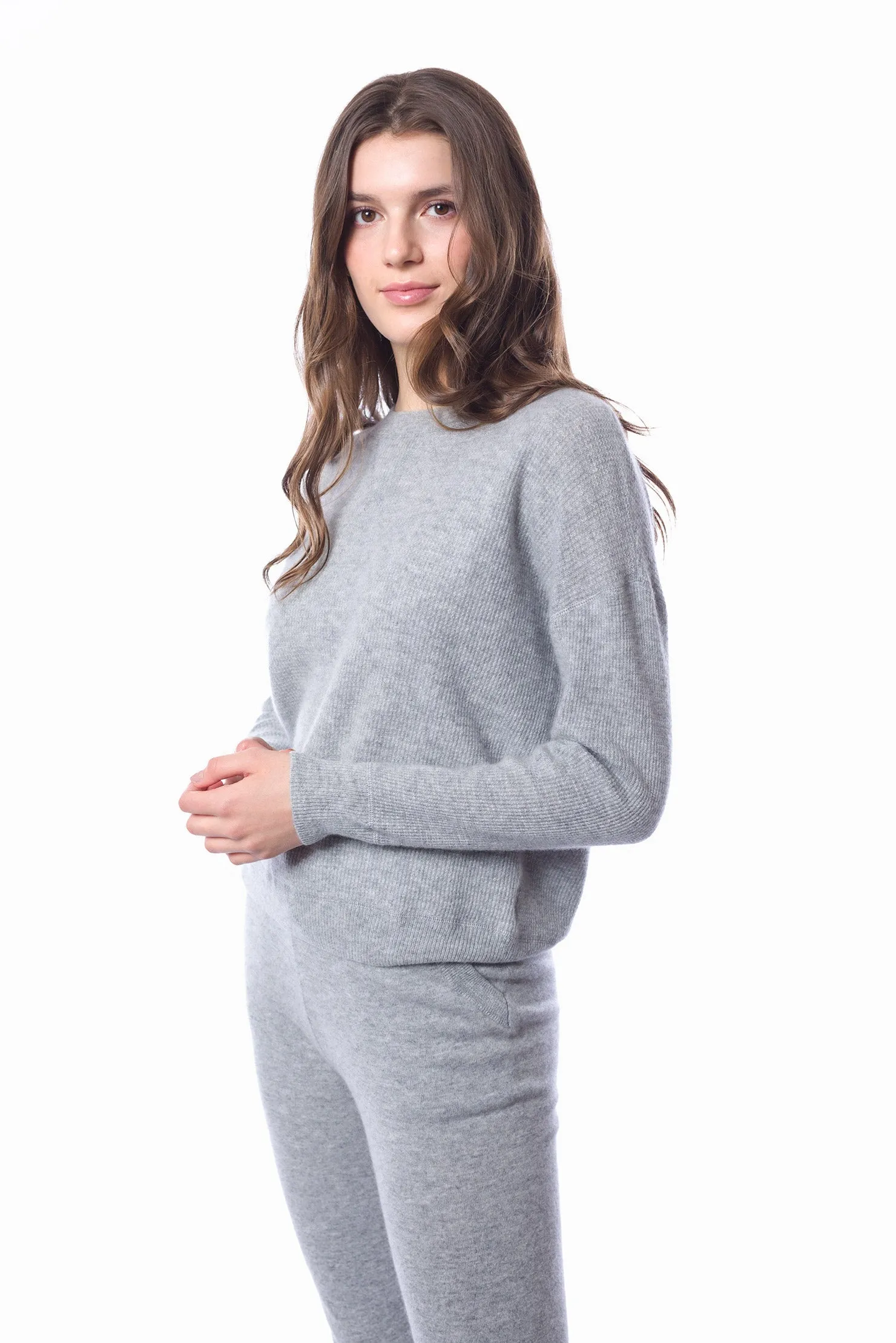 Sustainable Cashmere Waffle Knit Sweatshirt - Heather Grey