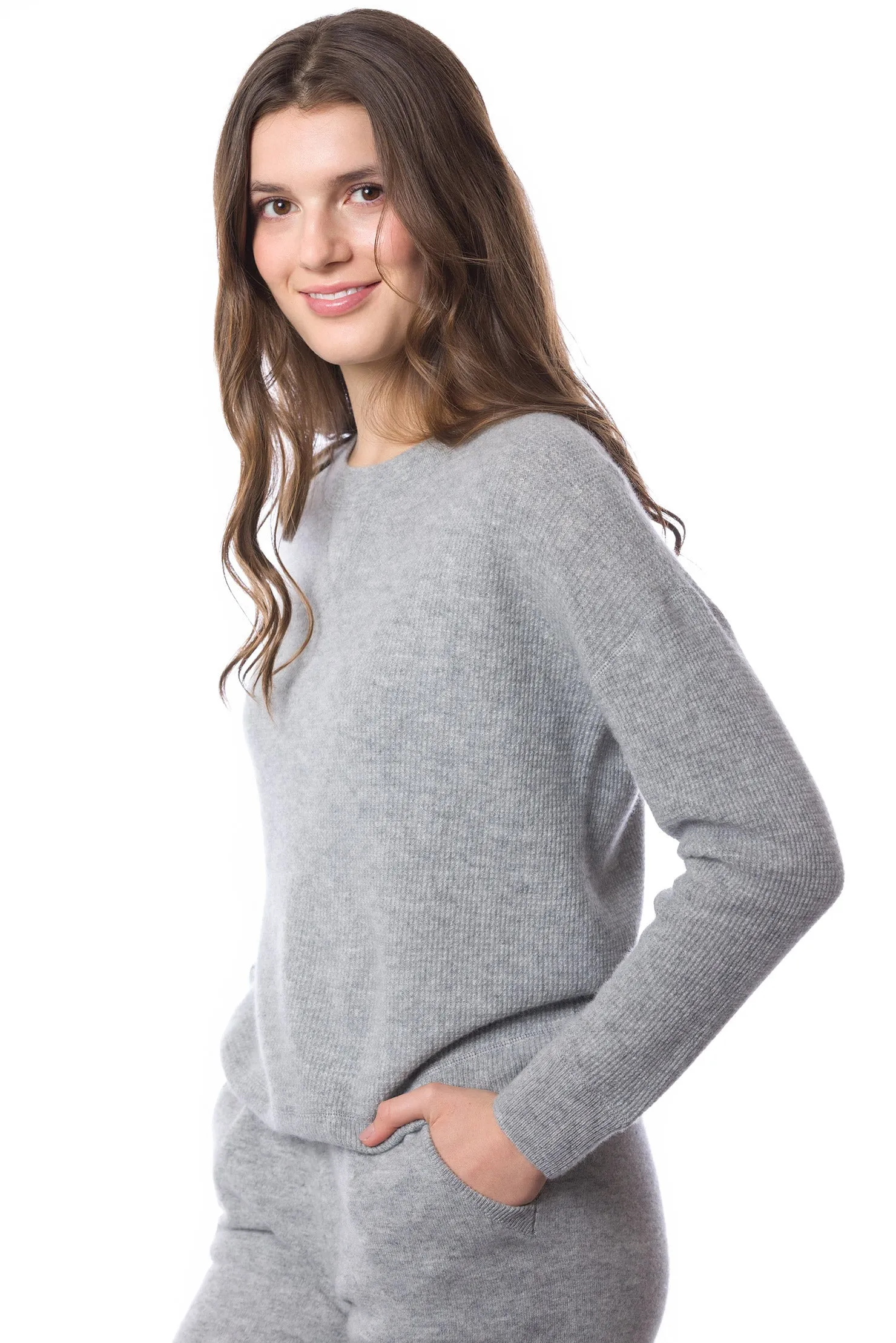 Sustainable Cashmere Waffle Knit Sweatshirt - Heather Grey