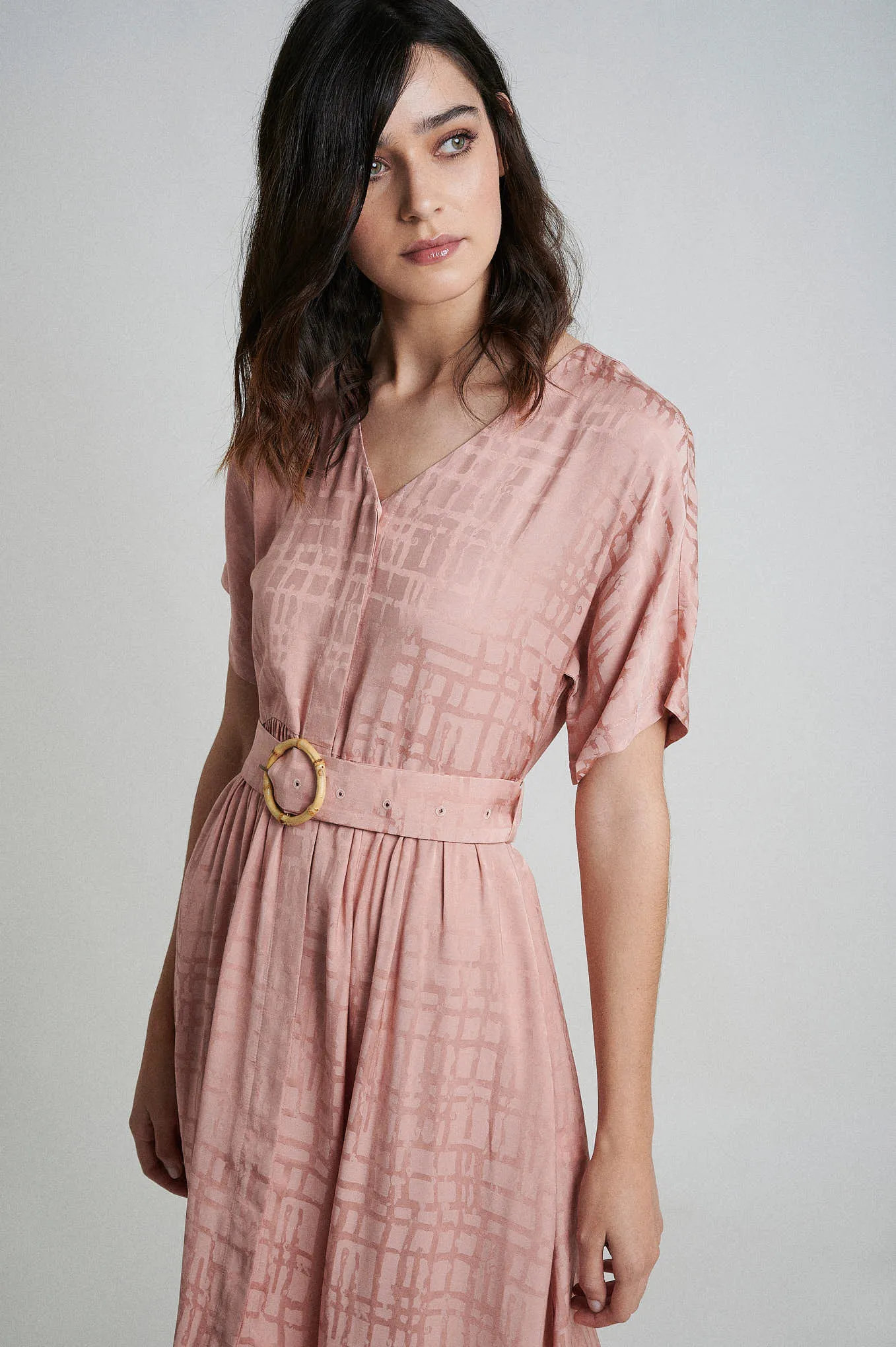 Sustainable fabric blend dress with bamboo buckle belt