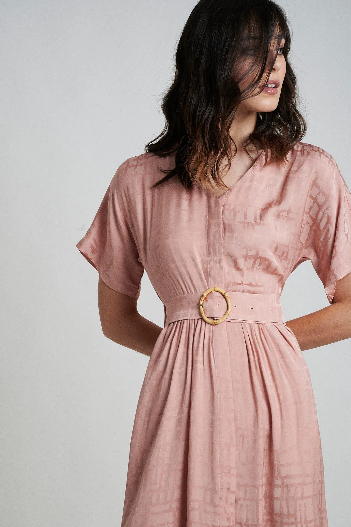 Sustainable fabric blend dress with bamboo buckle belt