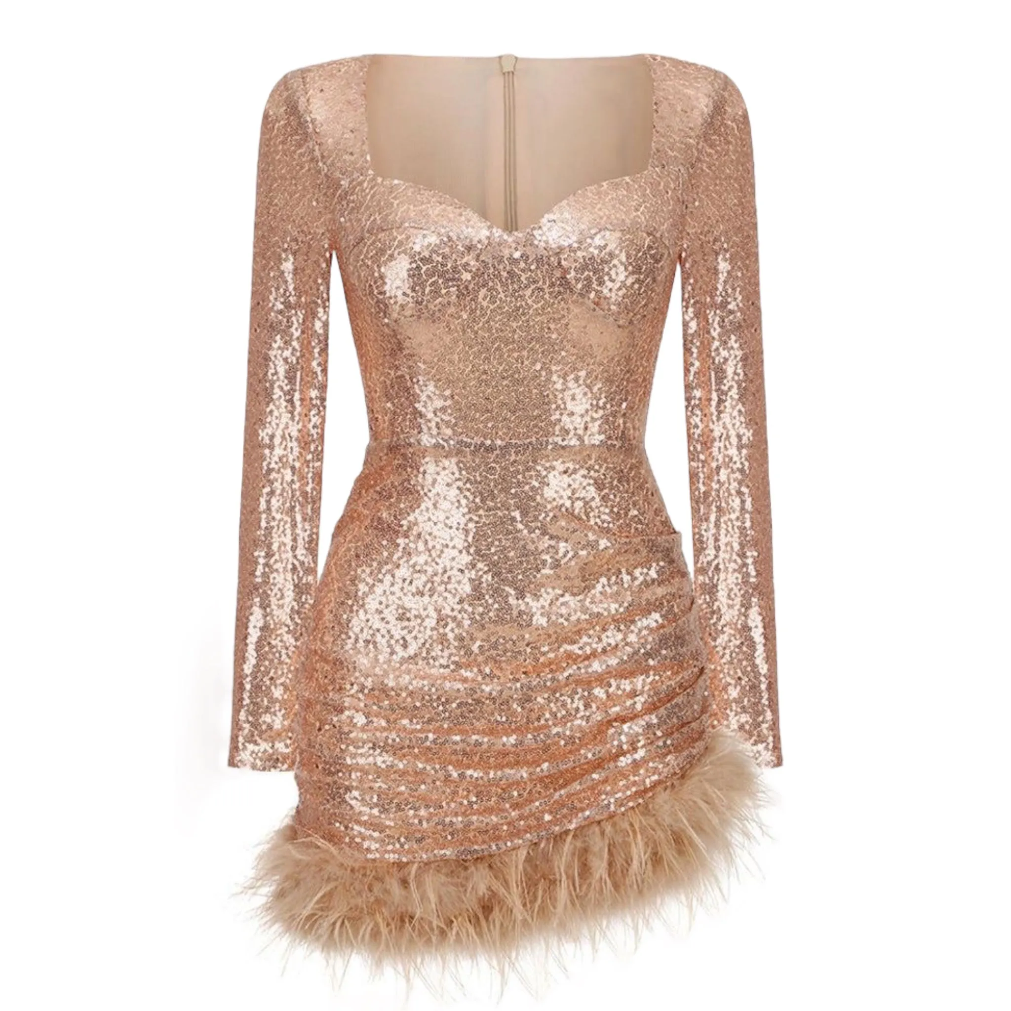 Sweetheart Neck Long Sleeve Feather Trim Bodycon Sequined Dress