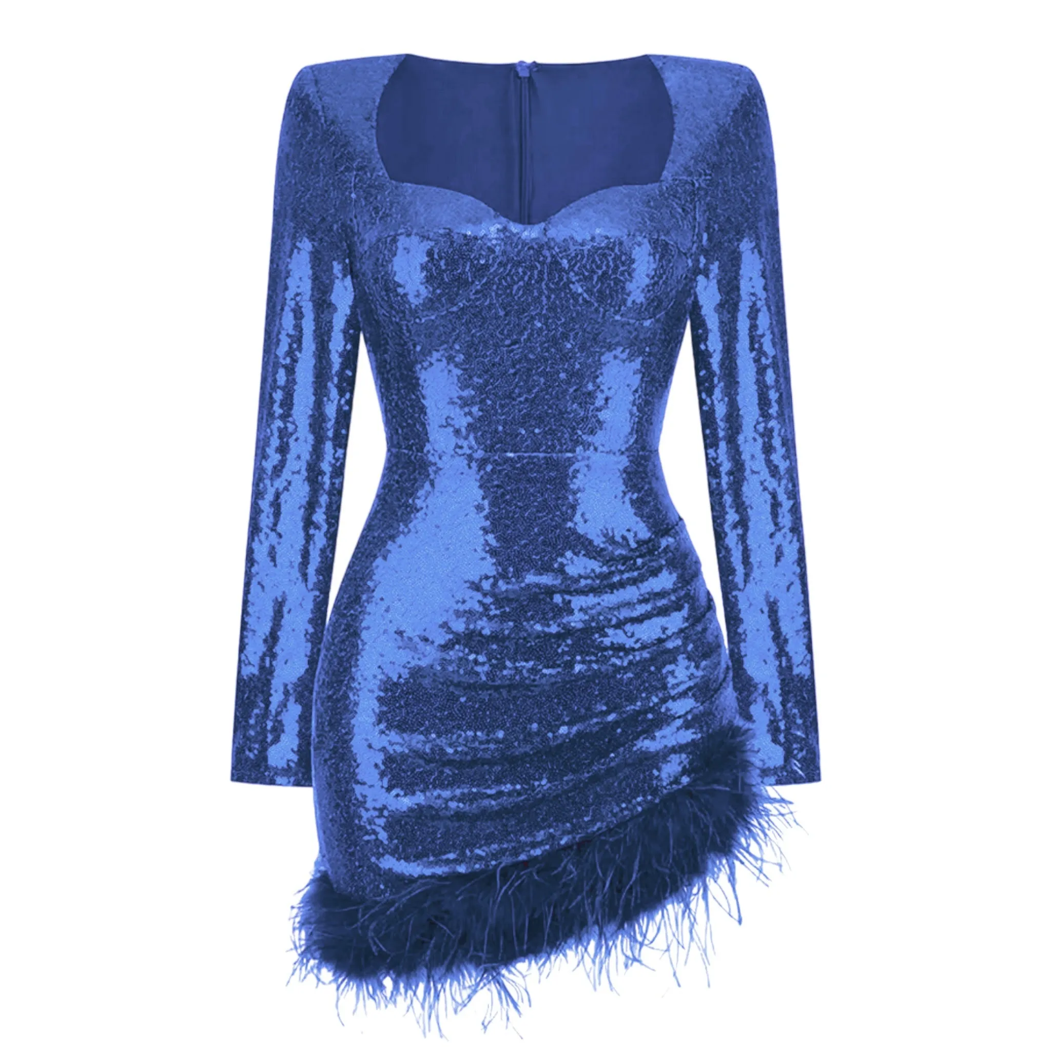 Sweetheart Neck Long Sleeve Feather Trim Bodycon Sequined Dress