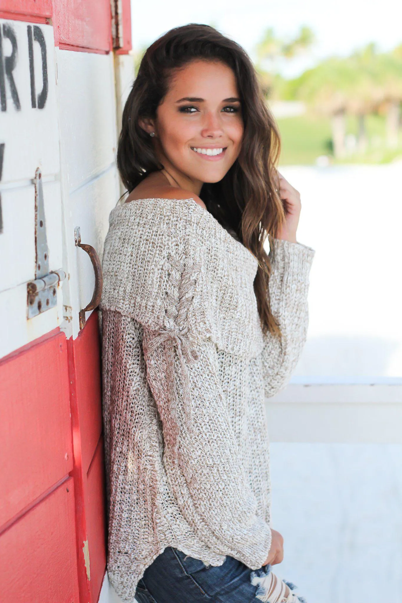 Taupe Knit Sweater with Drawstring Detail