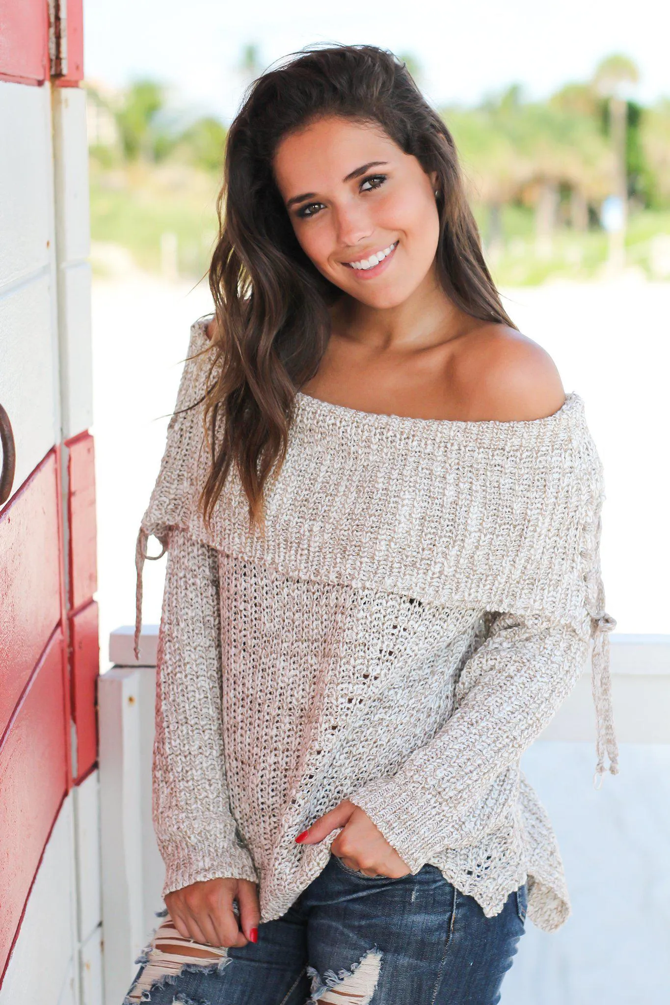 Taupe Knit Sweater with Drawstring Detail