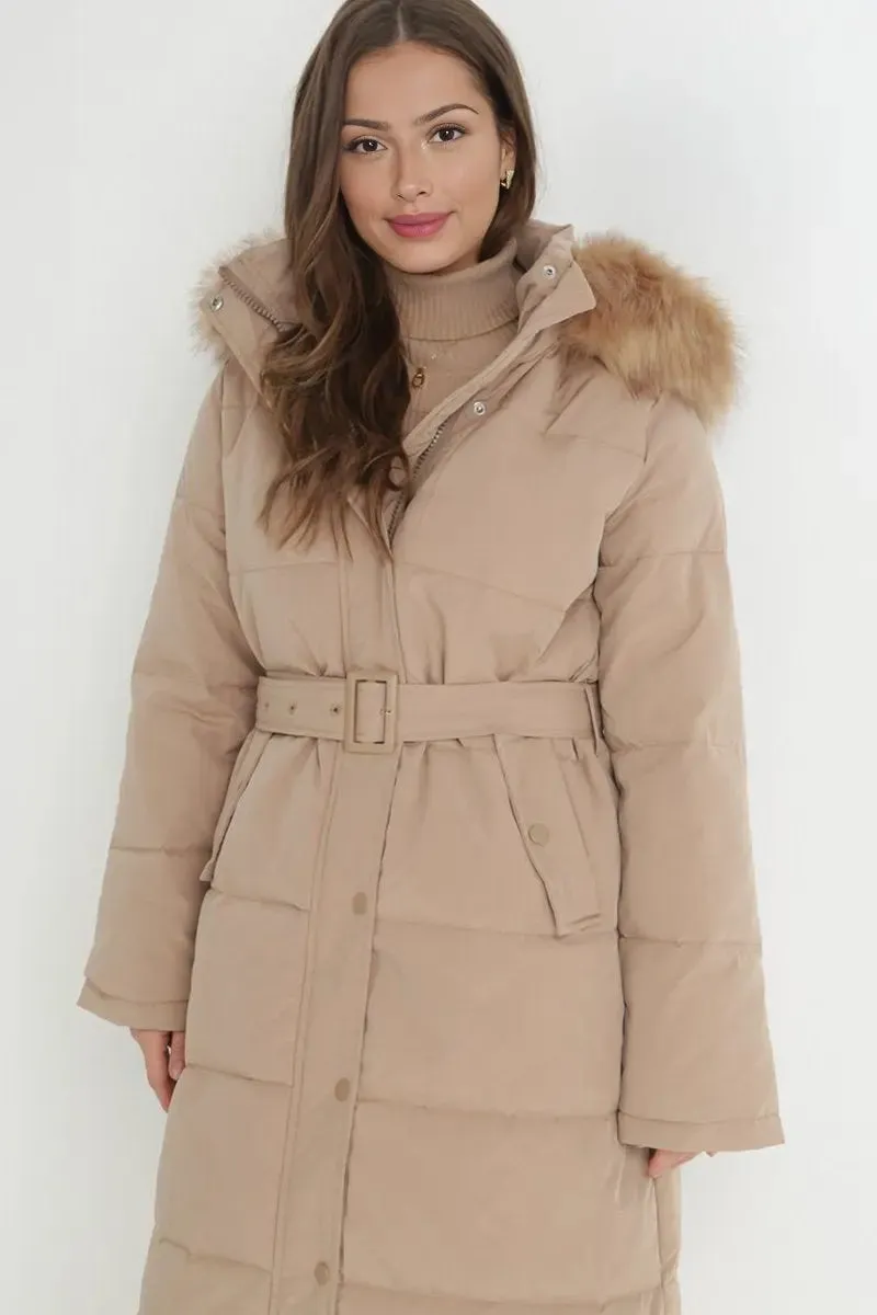 Taupe Winter Versatile Plush Hooded Belt Decor Thermal Cotton Coat