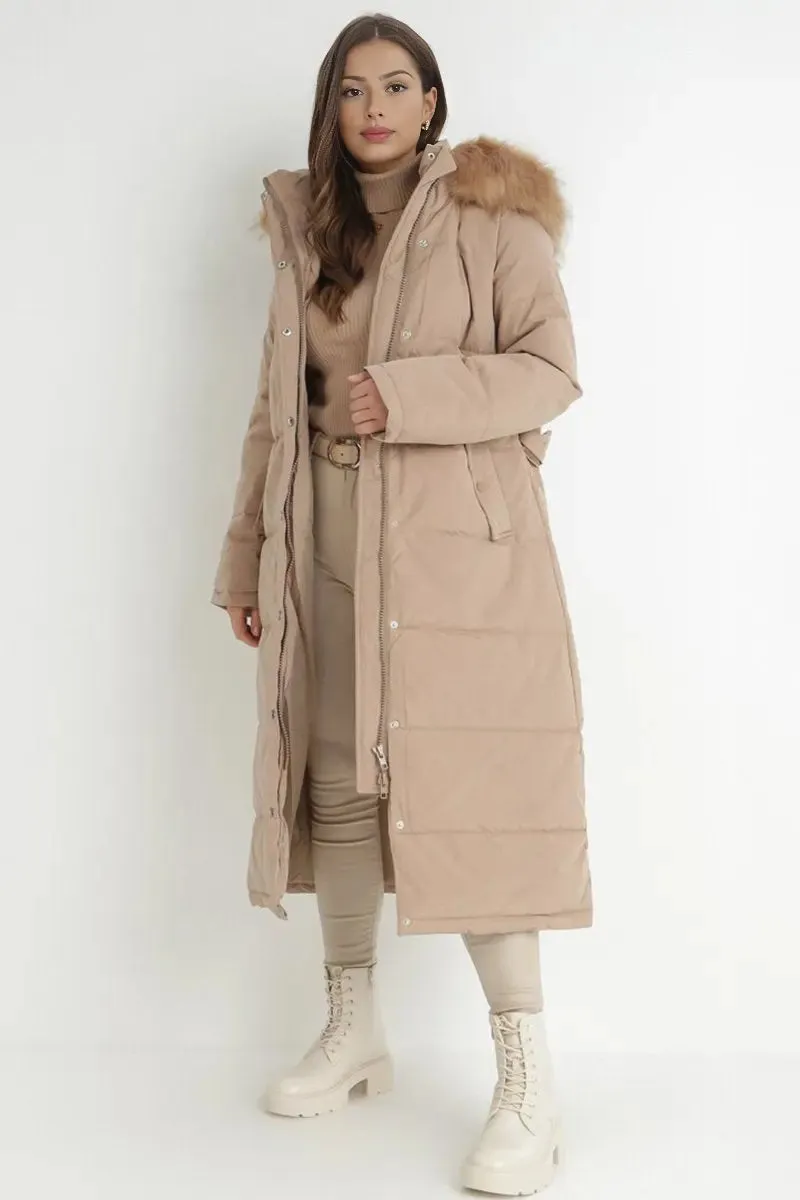Taupe Winter Versatile Plush Hooded Belt Decor Thermal Cotton Coat