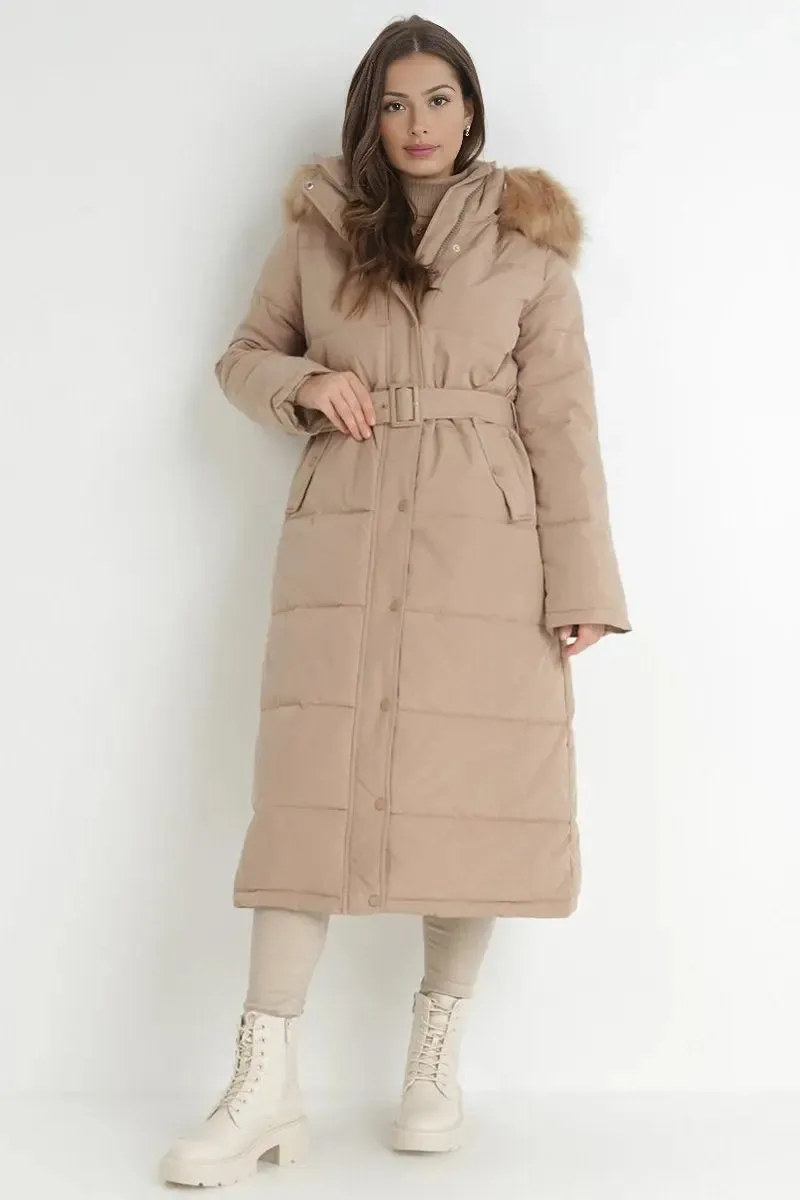 Taupe Winter Versatile Plush Hooded Belt Decor Thermal Cotton Coat