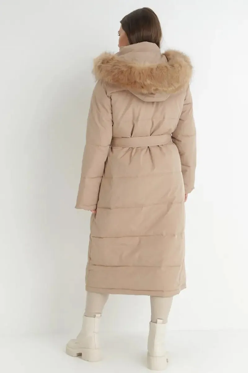 Taupe Winter Versatile Plush Hooded Belt Decor Thermal Cotton Coat
