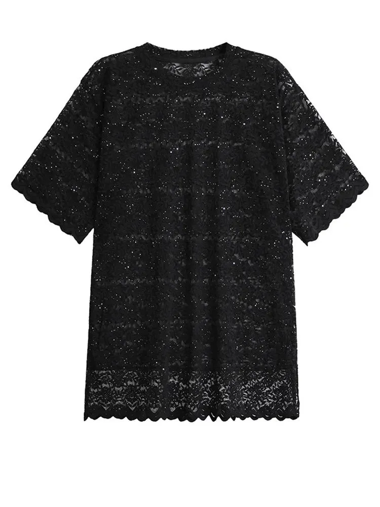 TEEK - Black Lace Perspective Lace Short Sleeve Top