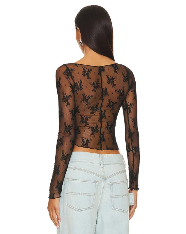 TEEK - Black Sheer Stand-Up Collar Long-Sleeved Lace Shirt