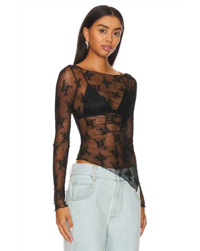 TEEK - Black Sheer Stand-Up Collar Long-Sleeved Lace Shirt