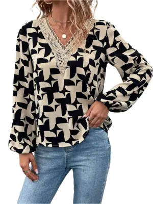 TEEK - Black Two-Tone Lace Balloon Sleeve Blouse