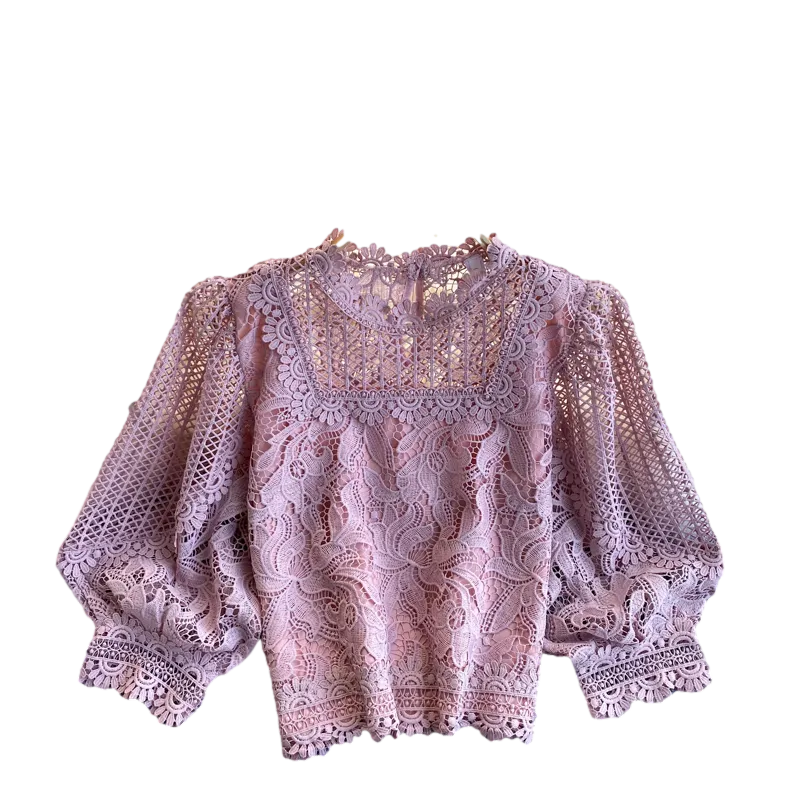 TEEK - French Hollow Round Neck Puff Blouse