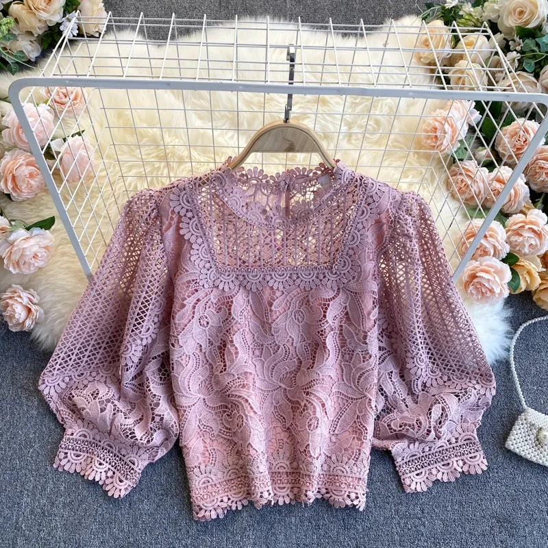 TEEK - French Hollow Round Neck Puff Blouse