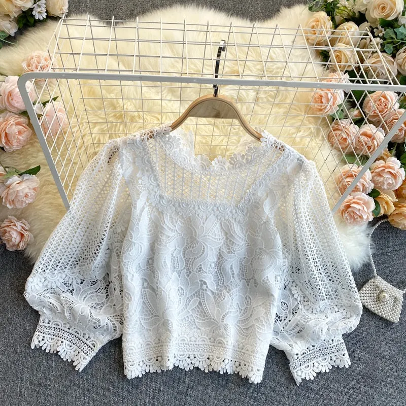 TEEK - French Hollow Round Neck Puff Blouse