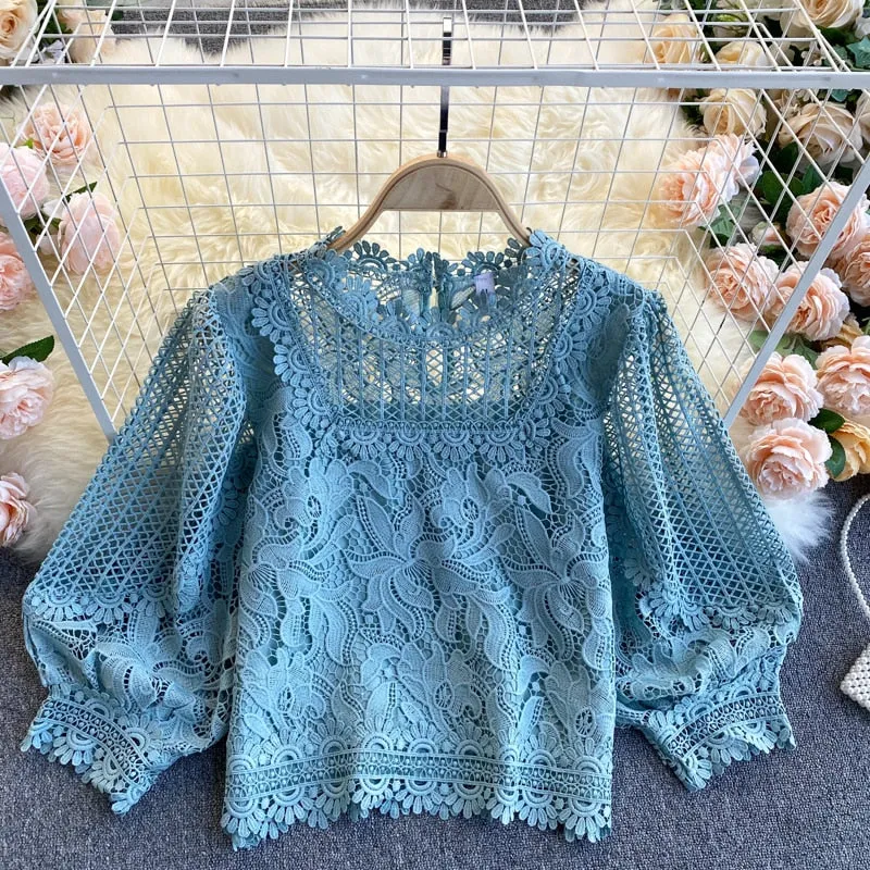 TEEK - French Hollow Round Neck Puff Blouse