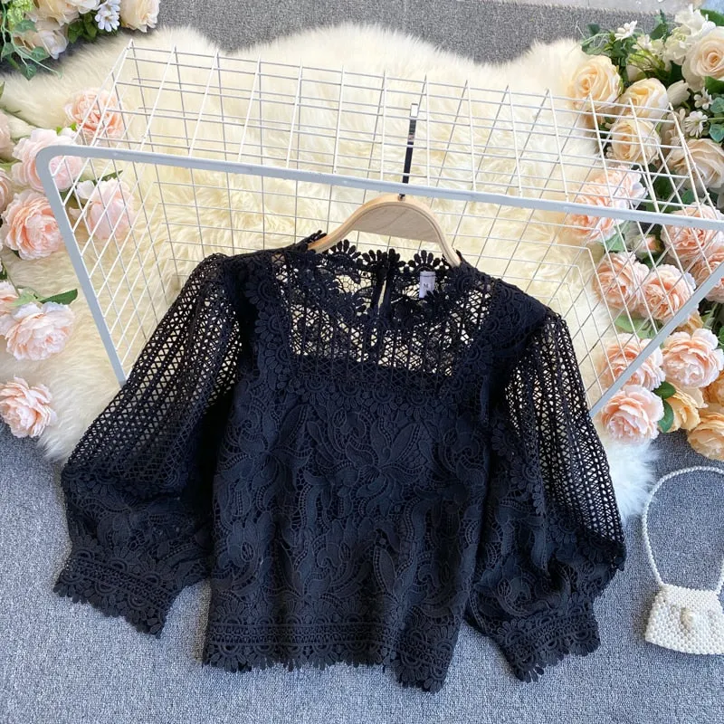 TEEK - French Hollow Round Neck Puff Blouse