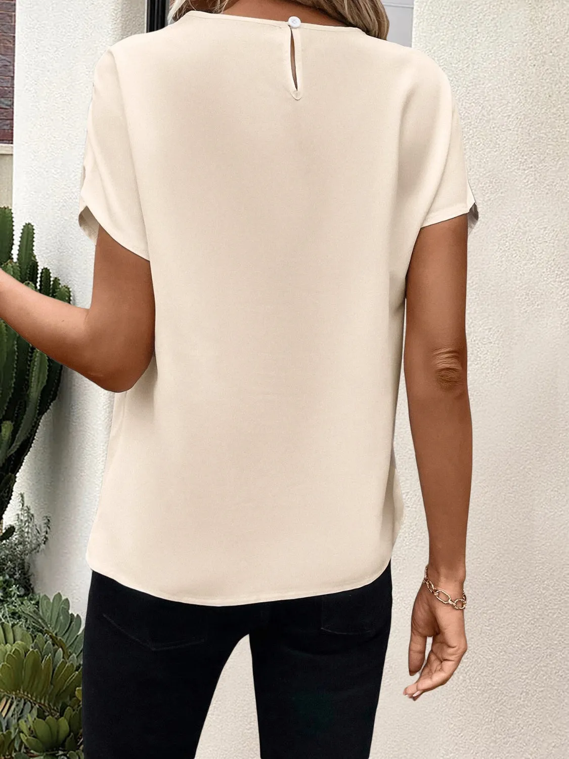 TEEK - Sand Lace Round Neck Short Sleeve Blouse