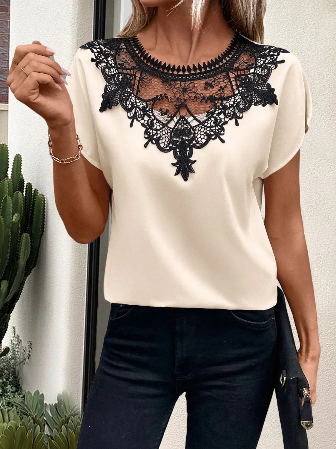 TEEK - Sand Lace Round Neck Short Sleeve Blouse