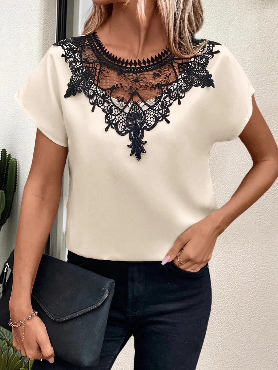 TEEK - Sand Lace Round Neck Short Sleeve Blouse