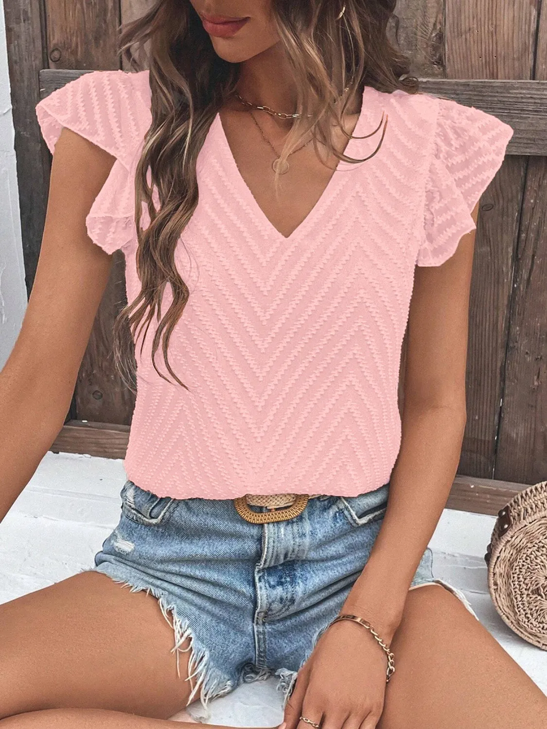 TEEK - Textured V-Neck Cap Sleeve Blouse