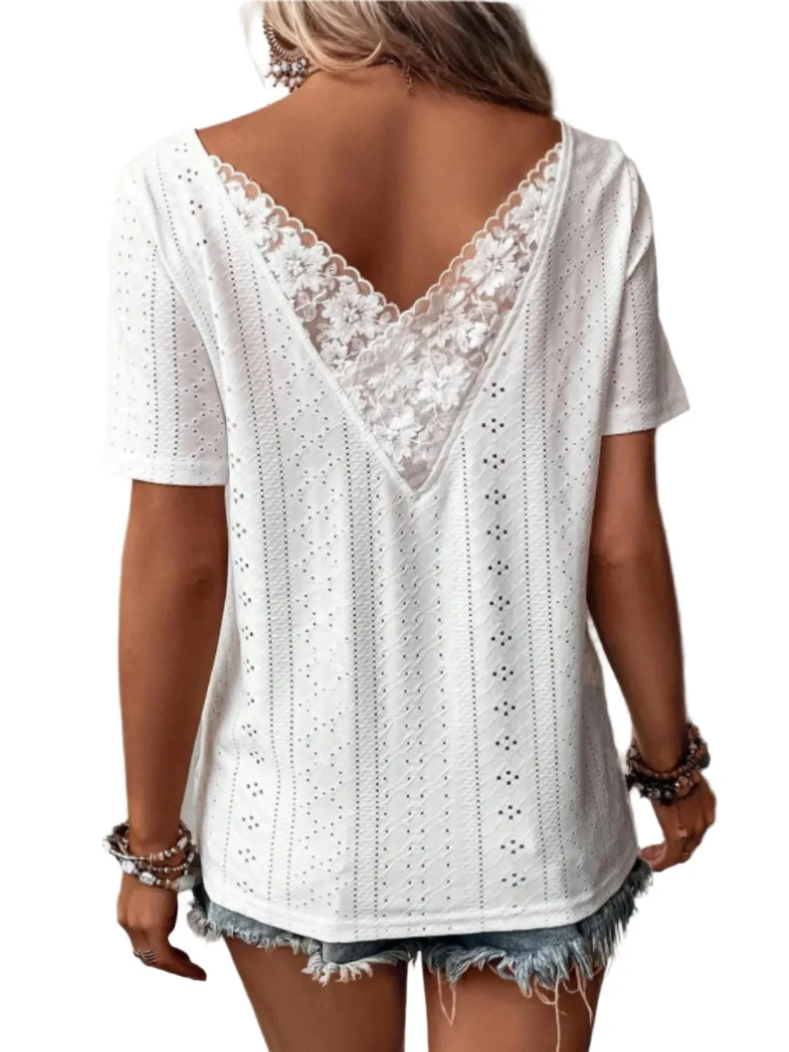 TEEK - White Lace Detail Eyelet Short Sleeve Blouse