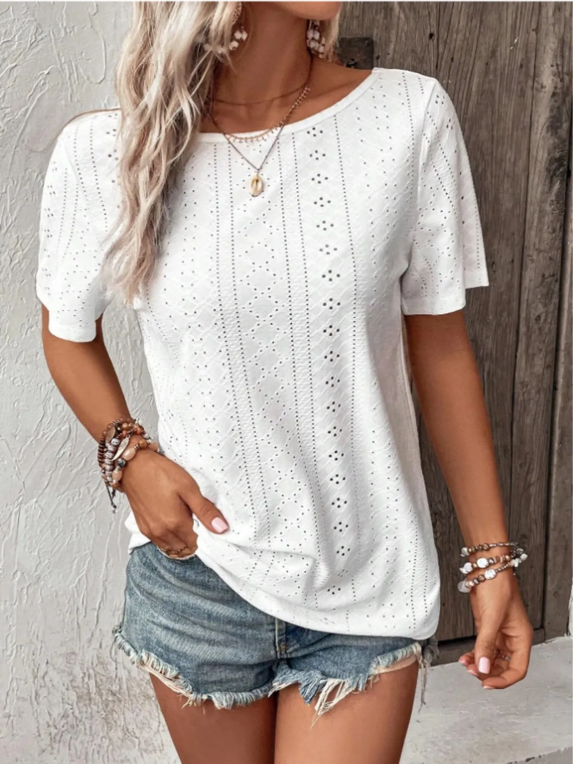 TEEK - White Lace Detail Eyelet Short Sleeve Blouse
