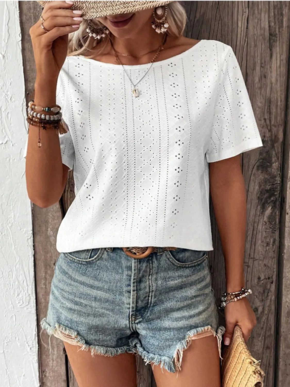 TEEK - White Lace Detail Eyelet Short Sleeve Blouse