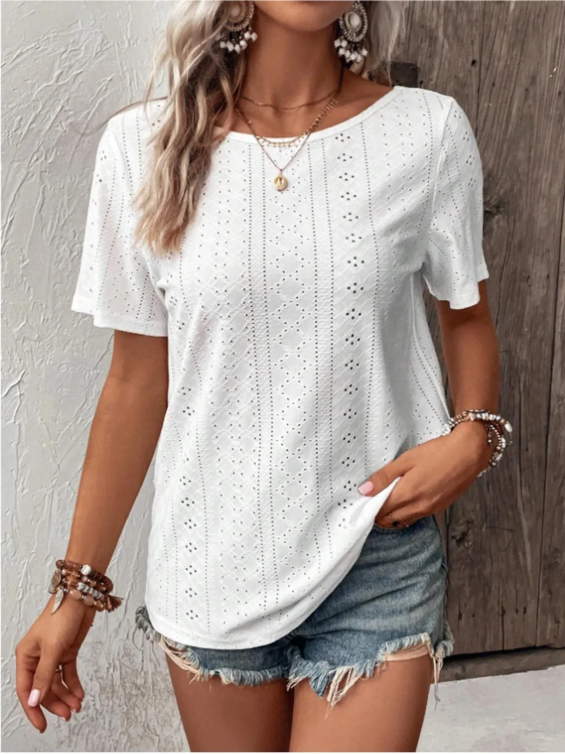 TEEK - White Lace Detail Eyelet Short Sleeve Blouse