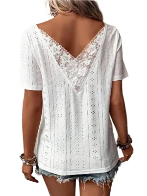 TEEK - White Lace Detail Eyelet Short Sleeve Blouse