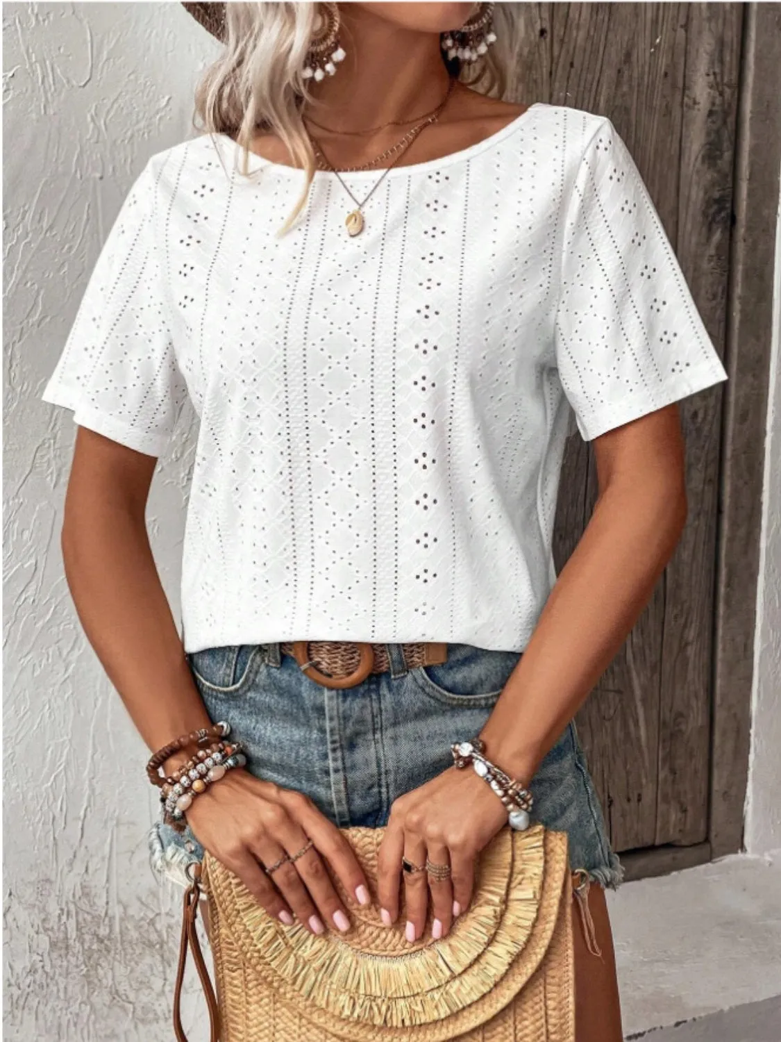 TEEK - White Lace Detail Eyelet Short Sleeve Blouse